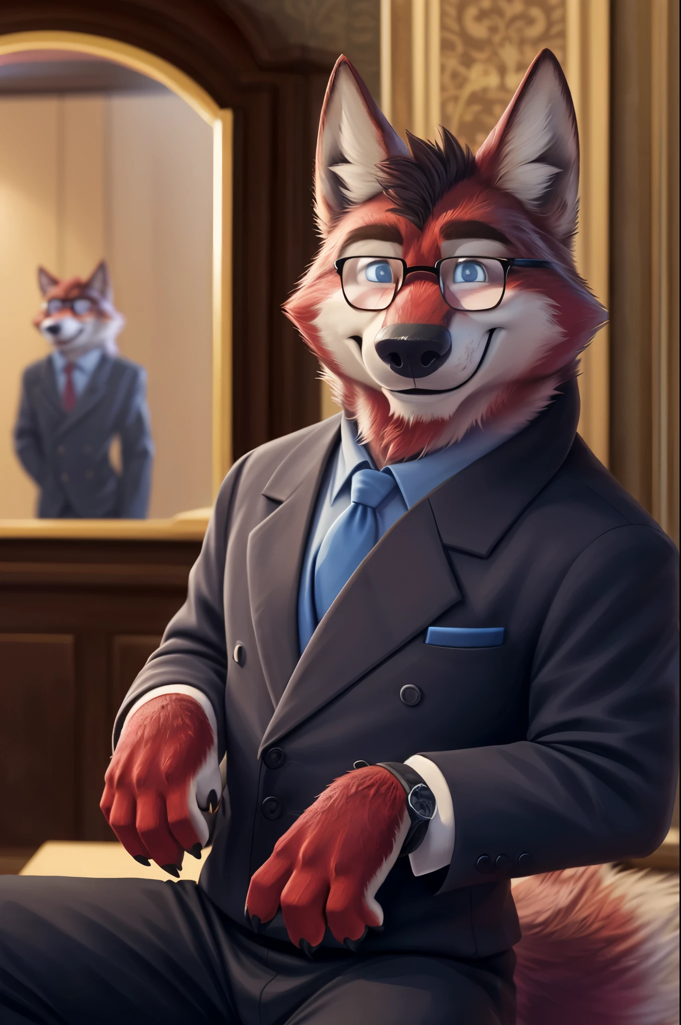 Ivan Fedorovich Wolfbach (Novosibirsk) ,tall handsome, wolf,young, 24 years, brown fur,Kind,(red body:1.3),beautiful blue eyes,Novosibirsk,dressed, black, Judge's Mantle, glasses shirt, tie, trousers, , wolf, detailed fur, male,paw pads, finger claws,At the viewer, 5 fingers, paws, 5 fingers, smile, wrist watch, т nextel,by xenoforge, (difficult, high detail, digital photography, soft focus, RAW variety вкдущий передачи,Very close to the camera, variety,Novosibirsk, smile, good mood, positive, Very close to the camera, is sitting, presenter of the fashion show,
Photorealism, realistic, digital style, Subsurface scattering,I look at the viewer,worth getting a haircut, looks at the mirror, men's cosmetics,
masterpiece, Best quality, ultra realistic, 8 thousand.)