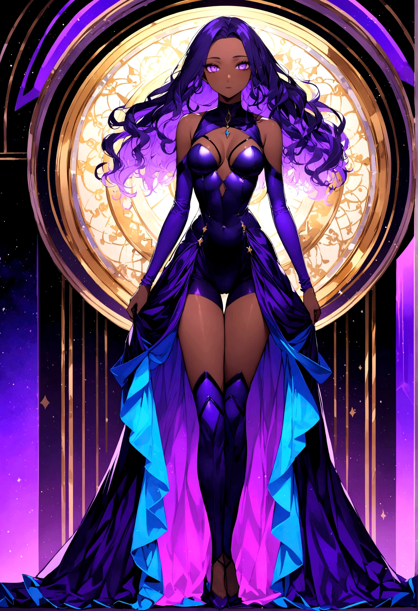 a 20-year-old female character, 1,50m high, long wavy dark blue hair, purple and blue streaks in the clear at the tip, dark violet eyes, Caucasian skin, fully body, hourglass style, medium breasts,  quadil largo, Waist slender, a fulfilled, white as snow