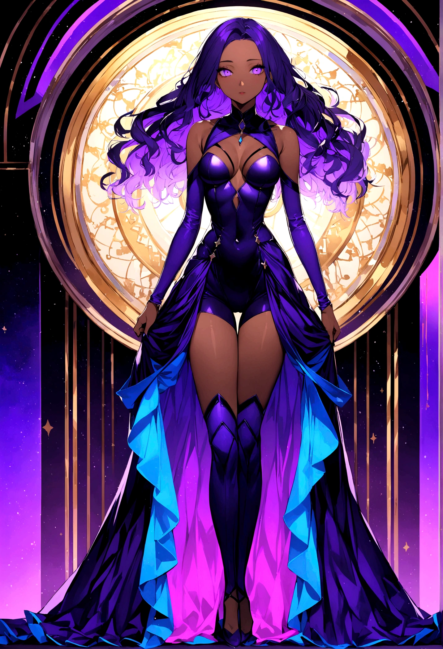 a 20-year-old female character, 1,50m high, long wavy dark blue hair, purple and blue streaks in the clear at the tip, dark violet eyes, Caucasian skin, fully body, hourglass style, medium breasts,  quadil largo, Waist slender, a fulfilled, white as snow