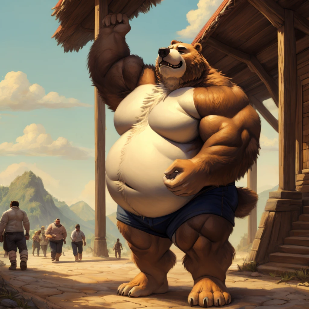 huge bear,  chubby，shirtless， alone， detailed， high resolution，， Masterpiece，Obesity in the extremities.，Over weight，Peter Junior，people,  on a trip to the brothel,  Boy hero of the people