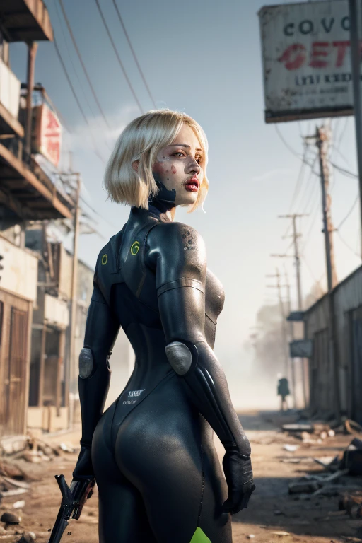 robotskin, Ella Purnell, "Lucy" Fallout,, post-apocalypse, fog, light particles, (best quality, masterpiece, bokeh, highres), fallout 4, 1girl, blue vaultsuit, VaultGirl, blonde hair, narrowed eyes, short hair, without pipboy3000, leather armored, walking, holding gun, closed mouth, looking to the side, lake, nuka cola, radiation symbol, more grainy 
