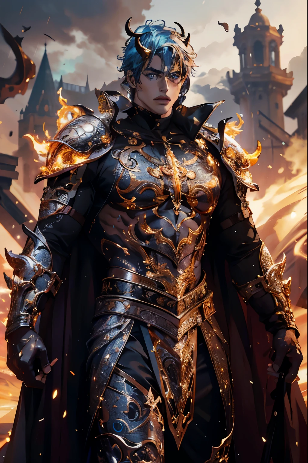 8K, complex, elegant, Highly detailed, majestic, digital photography, surreal painting, defeat magic, Sinuous Lightning, (masterpiece, Side light, fine and beautiful eyes: 1.2), HDR, (bright blue eyes)), Naked upper body, (bright tattoo), handsome boy, cana, musculature, black skin, demon horn, Raining, handsome, in front of camera, masterpiece
