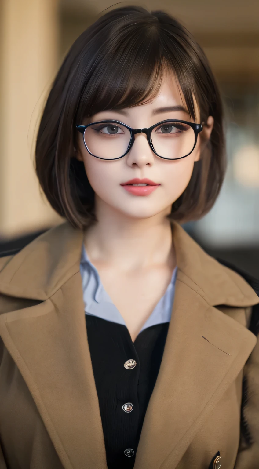 ((Best quality, 8k, Masterpiece :1.3)), 1girl, Pretty woman:1.3, (short hair, Huge breasts :1.2),Ultra-detailed face, Detailed eyes, Double eyelid,((Black Trench Coat)),glasses,from the thighs up