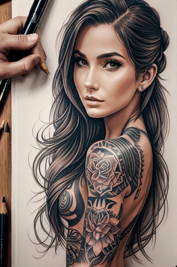 Long haired woman tattooing, drawing