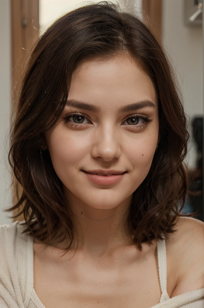 table top, highest quality, shape, super detailed, exquisite, high resolution, 8K wallpaper, shape Perfect dynamic composition, mature woman 27 years old beautiful girl, beautiful girl beautiful, good posture; fiery idol, detailed face, super detailed cute eyes、 real lips 、 beautiful and real skin 、 shy smile 、 short brown wavy hair 、 small breasts 、 bold sexy pose 、 shirt One-shoulder wool, snowy mountains