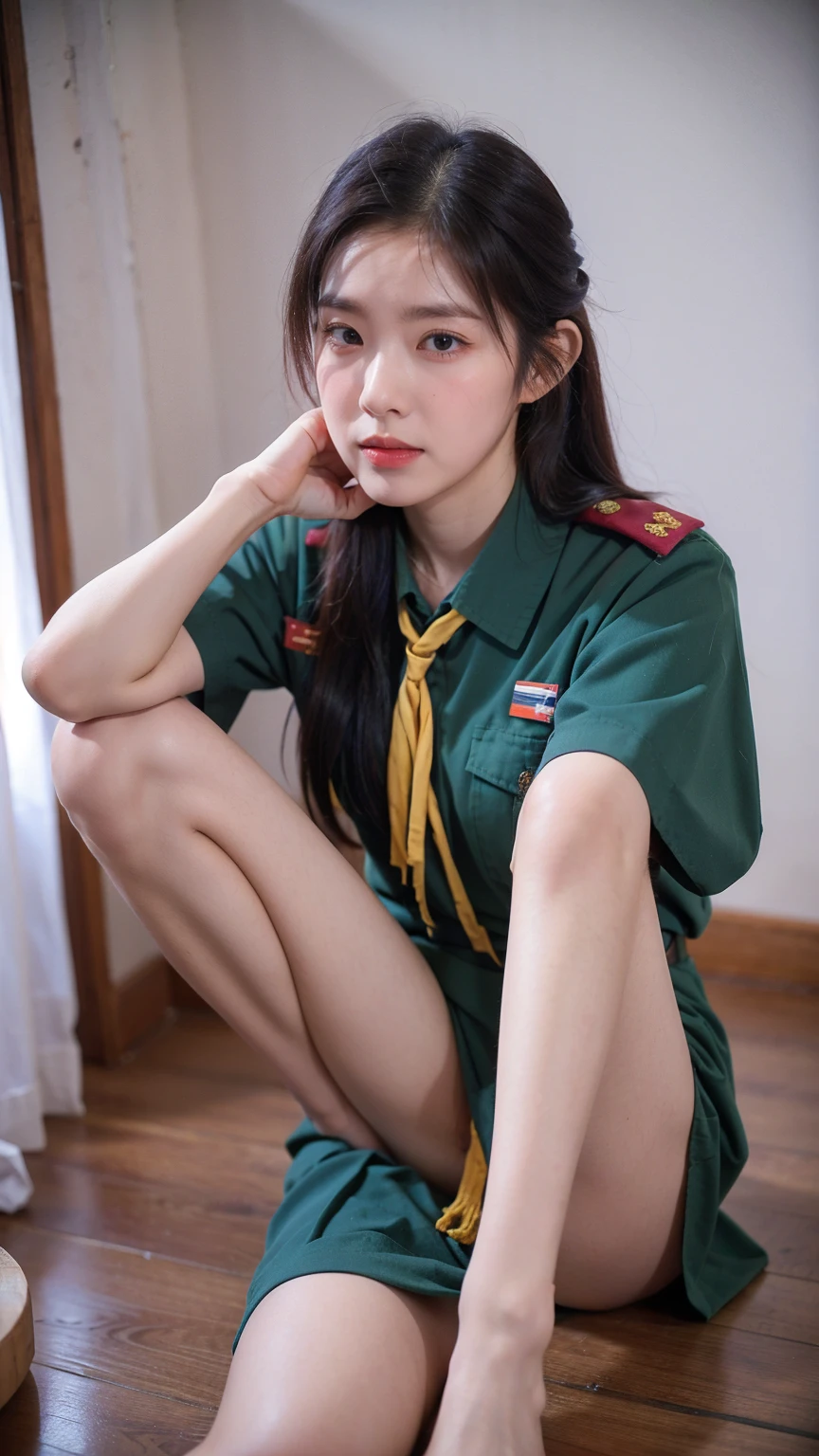 ((1girl)), in thai_girlscout_uniform, instant camera flash, pose at random location, makeup with glossy lip, small breasts, (thai_girlscout_uniform), various angle, ((face focus)), , Beautiful Japanese Girl, spread leg pose, (nsfw:1.4), realistic light, realistic skin tone