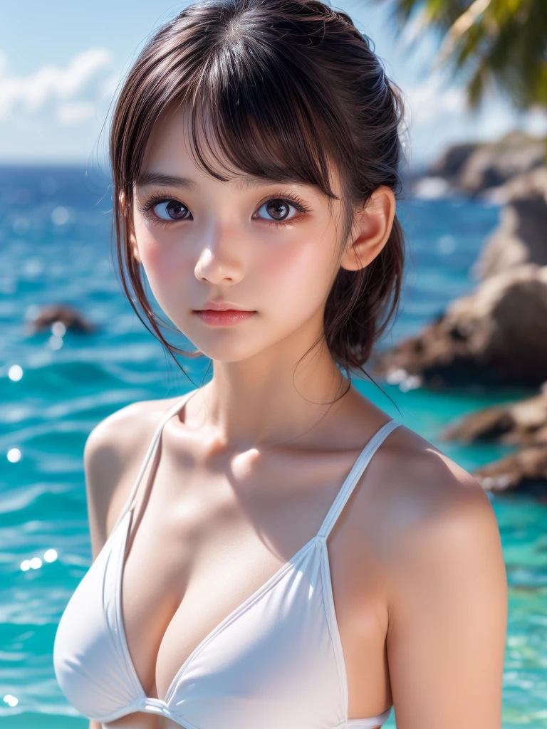 One Girl，(1人のとてもcute女の子:1.3)，masterpiece，Highest quality，High resolution，Photorealistic，RAW Photos，Ray Tracing，beautiful girl，(:1.3)，cute，Big eyes，(detailed pupils:1.2)，(The face is facing straight ahead:1.3)，Body facing forward，Beautiful nose，Fuller lips，Short black hair，ponytail，short hair，Detailed eyelashes，Thin eyebrows，Very fine grain definition，(Symmetrical eyes:1.3)，(Face close-up，Face Focus:1.0)，Small breasts，Short neck，White swimsuit，White Bikini，The background is the sea，Southern Island，Blue sky，White cloud，Portrait，View Viewer，Upper Body，Cinema Lighting，High resolution，Very detailed