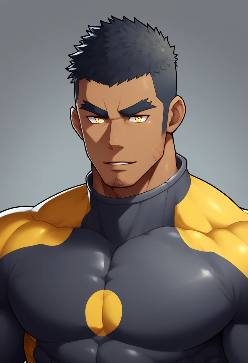 anime characters：Gyee, Muscle Sports Student, negro black skin, 1 dark skin muscular tough guy, Manliness, male focus, Dark grey high collar long sleeve wetsuit, Matte texture, Very tight, Round, full and perky chest muscles, Slightly transparent, muscular male, muscular, only, Upper body, alone, Black short hair, Thick eyebrows, stubble, Yellow eyes, Grey background, simple background, amazing quality, best aesthetics, Ridiculous, bright pupils, crew cut, parted lips, seductive smile, torogao, naughty face, drop shadow, best quality