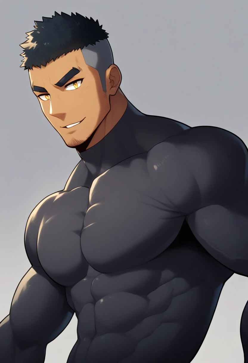 anime characters：Gyee, Muscle Sports Student, negro black skin, 1 dark skin muscular tough guy, Manliness, male focus, Dark grey high collar long sleeve wetsuit, Matte texture, Very tight, Round, full and perky chest muscles, Slightly transparent, muscular male, muscular, only, Upper body, alone, Black short hair, Thick eyebrows, stubble, Yellow eyes, Grey background, simple background, amazing quality, best aesthetics, Ridiculous, bright pupils, crew cut, parted lips, seductive smile, torogao, naughty face, drop shadow, best quality