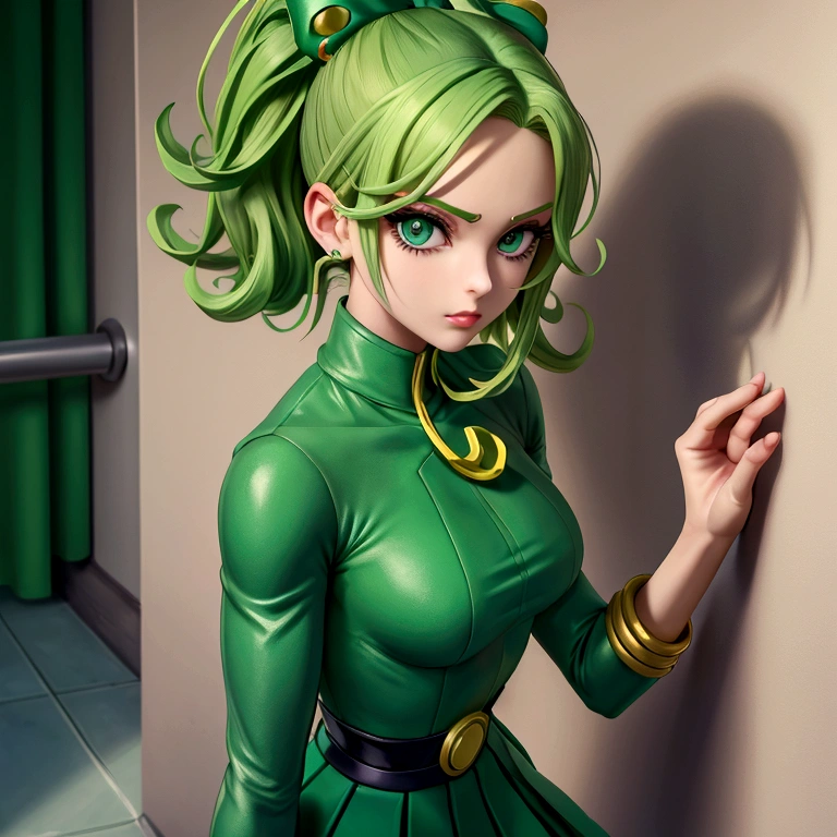 Close-up of a woman in green clothes standing in a hallway, in Jojo\The Bizarre Adventure of, Jojo anime style, posing as a Jojo character, Jojo bizarre adventure, Tatsumaki from One Punch Man, Cammy, Jojo\The Bizarre Adventure of, JojoThe Bizarre Adventure of, Anya from Spy x Family, JojoThe Bizarre Adventure ofs, Jojo style, High quality artwork