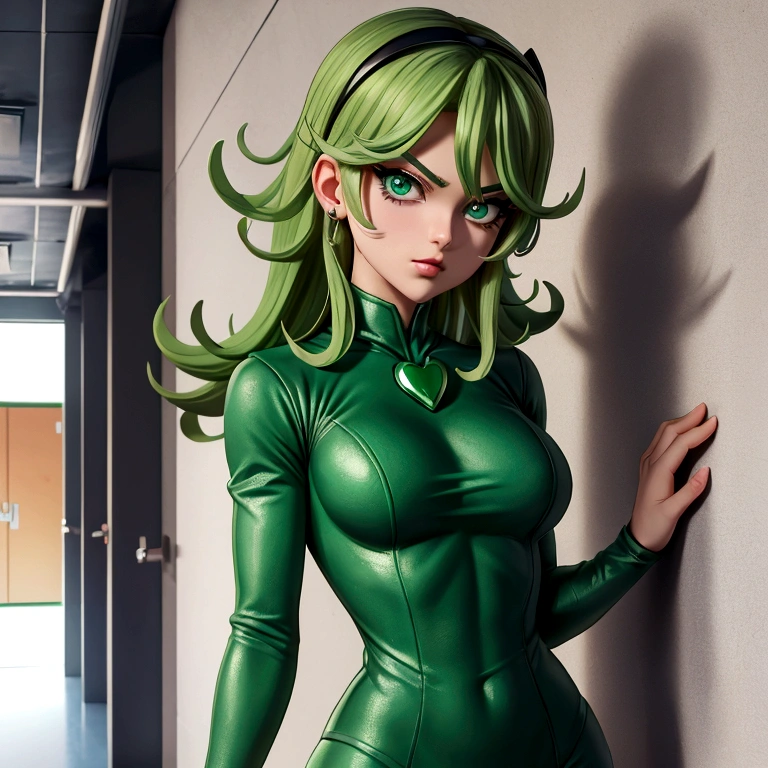 Close-up of a woman in green clothes standing in a hallway, in Jojo\The Bizarre Adventure of, Jojo anime style, posing as a Jojo character, Jojo bizarre adventure, Tatsumaki from One Punch Man, Cammy, Jojo\The Bizarre Adventure of, JojoThe Bizarre Adventure of, Anya from Spy x Family, JojoThe Bizarre Adventure ofs, Jojo style, High quality artwork
