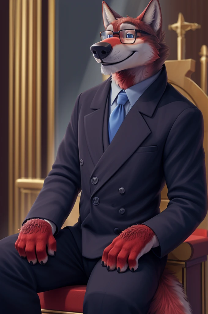 Ivan Fedorovich Wolfbach (Novosibirsk) ,tall handsome, wolf,young, 24 years, brown fur,Kind,(red body:1.3),beautiful blue eyes,Novosibirsk,dressed, black, Judge's Mantle, glasses shirt, tie, trousers, , wolf, detailed fur, male,paw pads, finger claws,At the viewer, 5 fingers, paws, 5 fingers, smile, wrist watch, т nextel,by xenoforge, (difficult, high detail, digital photography, soft focus, RAW variety вкдущий передачи,Very close to the camera, variety,Novosibirsk, smile, good mood, positive, Very close to the camera, is sitting, presenter of the fashion show, is sitting, on the throne,
Photorealism, realistic, digital style, Subsurface scattering,I look at the viewer,worth getting a haircut, looks at the mirror, men's cosmetics,
masterpiece, Best quality, ultra realistic, 8 thousand.)