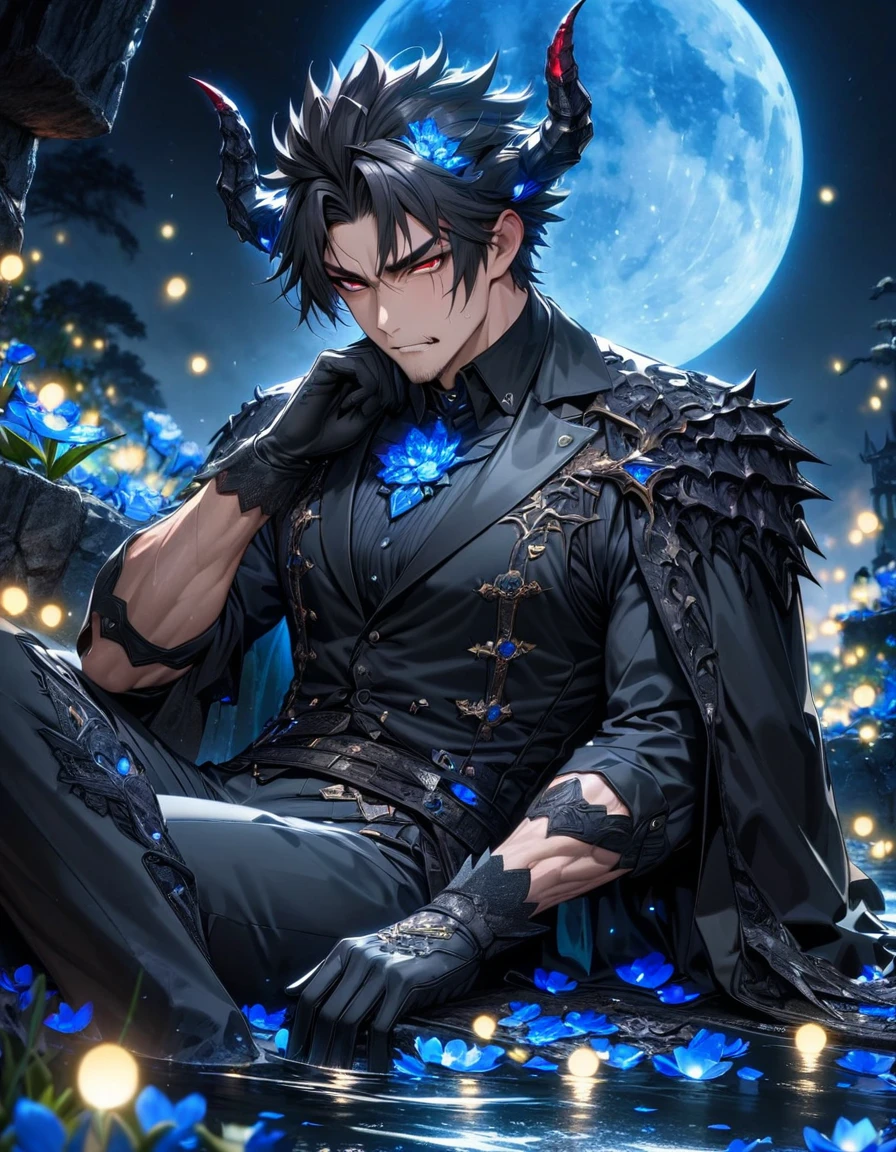 Ultra detailed, highres, absurdres, HDR, master piece, Agares, black spiked hair, short hair, expressive red eyes, Demon Fantasy, blue petals, blue flowers, water, black coat, sexy man, solo, best quality, blossoms, blue shining fireflies, black horns, black tight shirt, fantasy, black horns, black gloves, sitting, black pants, blue moon, black vest, manly face