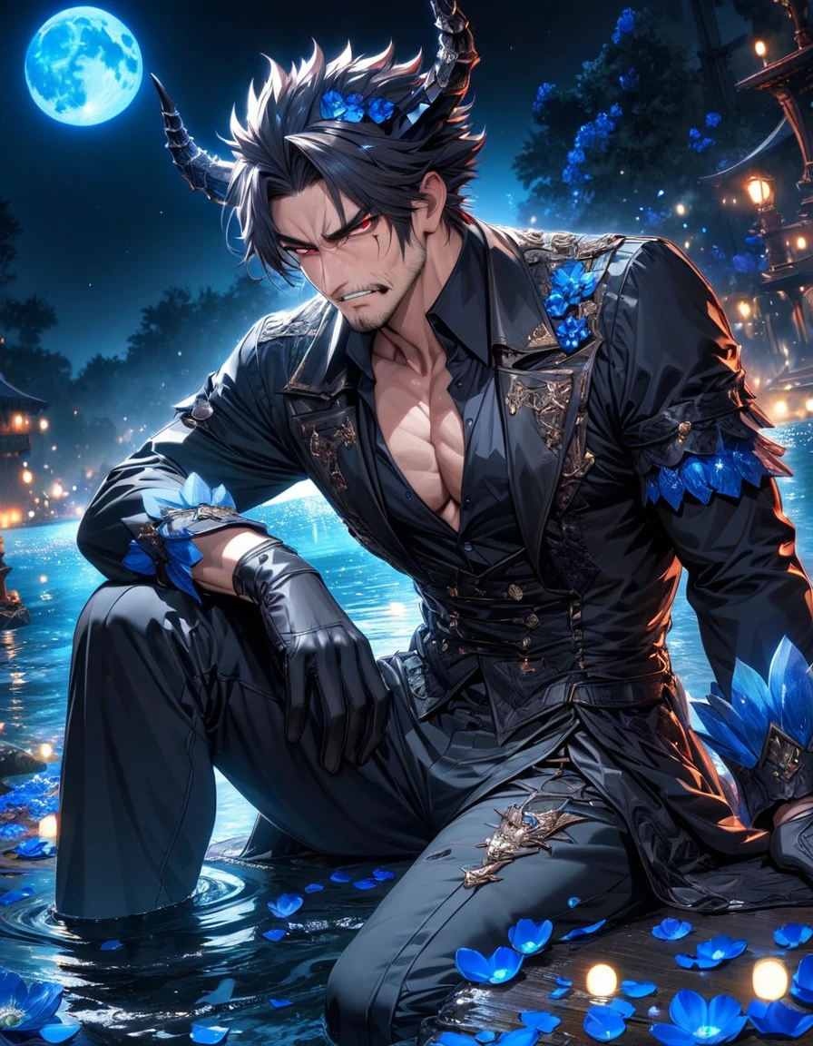 Ultra detailed, highres, absurdres, HDR, master piece, Agares, black spiked hair, short hair, expressive red eyes, Demon Fantasy, blue petals, blue flowers, water, black coat, sexy man, solo, best quality, blossoms, blue shining fireflies, black horns, black tight shirt, fantasy, black horns, black gloves, sitting, black pants, blue moon, black vest, manly face