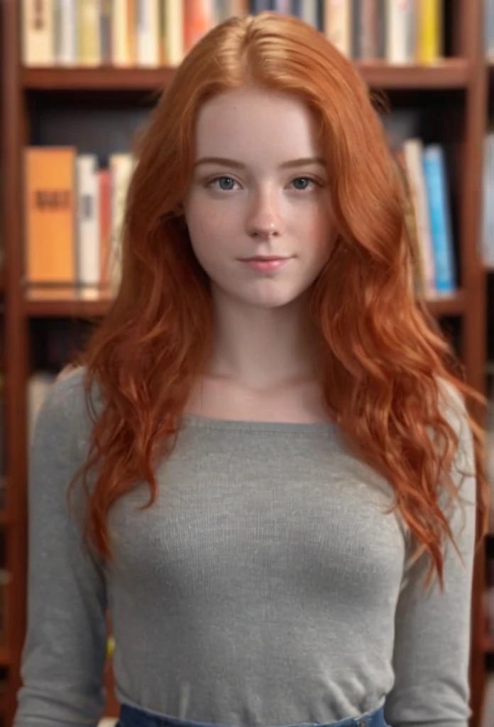 A full length photo of a 24-year-old woman with wavy red hair, in a cute and flat-chested appearance, standing in a library, highly detailed, photorealistic, (best quality,4k,8k,highres,masterpiece:1.2),ultra-detailed,(realistic,photorealistic,photo-realistic:1.37),HDR,UHD,studio lighting,ultra-fine painting,sharp focus,physically-based rendering,extreme detail description,professional,vivid colors,bokeh,portrait