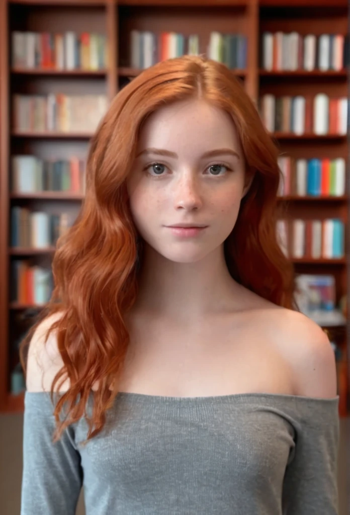 A full length photo of a 24-year-old woman with wavy red hair, in a cute and flat-chested appearance, standing in a library, highly detailed, photorealistic, (best quality,4k,8k,highres,masterpiece:1.2),ultra-detailed,(realistic,photorealistic,photo-realistic:1.37),HDR,UHD,studio lighting,ultra-fine painting,sharp focus,physically-based rendering,extreme detail description,professional,vivid colors,bokeh,portrait