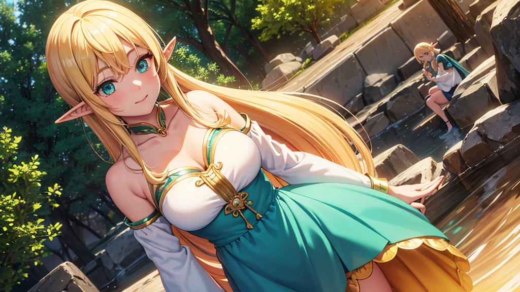 High quality 3D anime fantasy art, 8K, A blonde elf girl is playing Irish bouzouki in the center. A large representation of an elf girl in the center, with sparkling emerald gemstone eyes (wearing a teal and white loose outfit), and people of different races gathered around her (all having fun and making noise). In the background is the square where everyone gathered, bathed in the soft orange light of dusk. A scene with warm colors and a relaxing atmosphere.