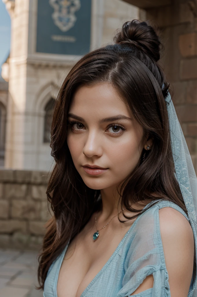 1girl in, 30 years old, Square face, Long hair, Looking at viewer, jewelry, Realistic, Sexy, princess outfit, castle background, free pose