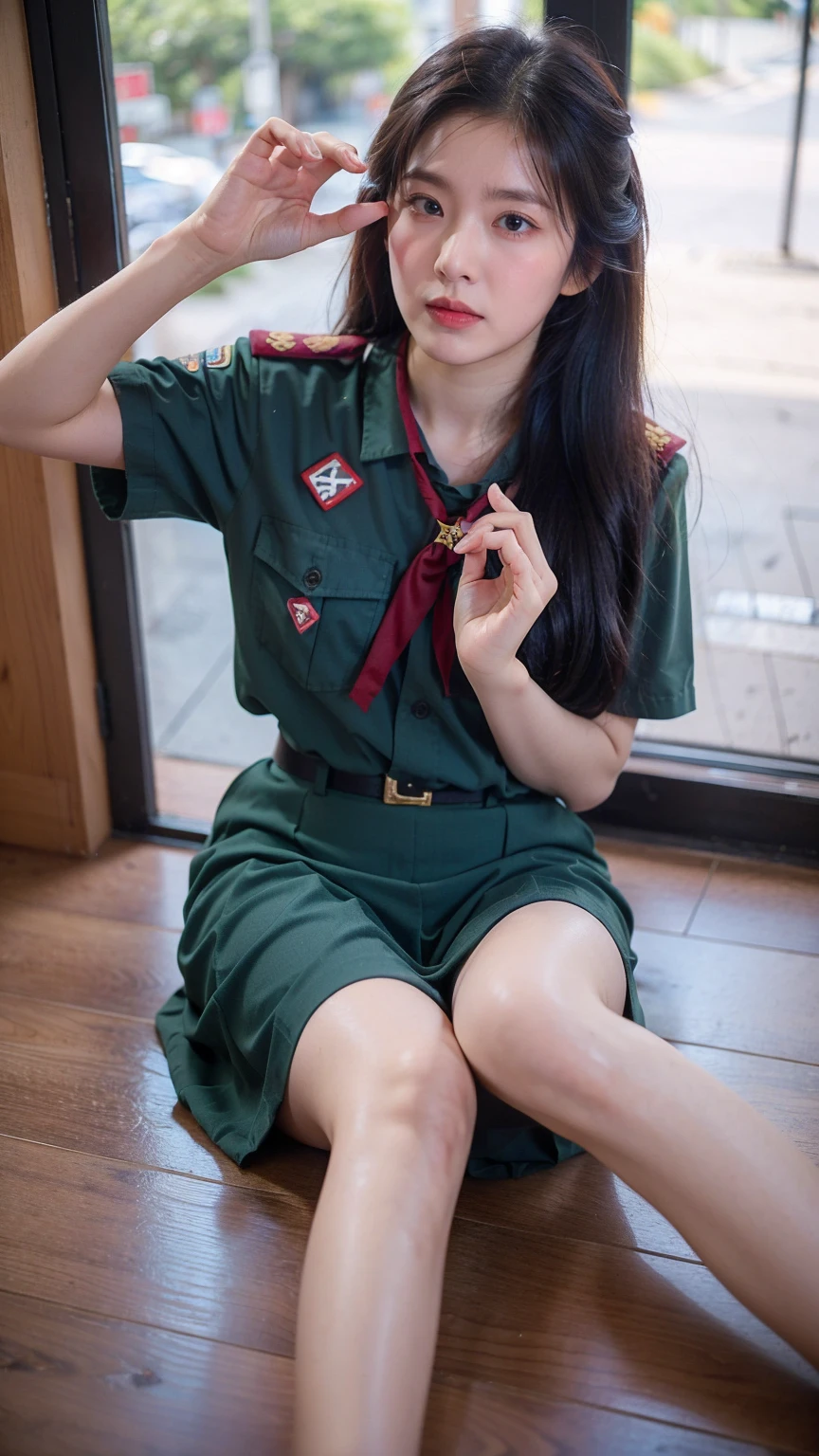 ((1girl)), in thai_girlscout_uniform, instant camera flash, pose at random location, makeup with glossy lip, small breasts, (thai_girlscout_uniform), various angle, ((face focus)), , Beautiful Japanese Girl, spread leg pose, (nsfw:1.4), realistic light, realistic skin tone