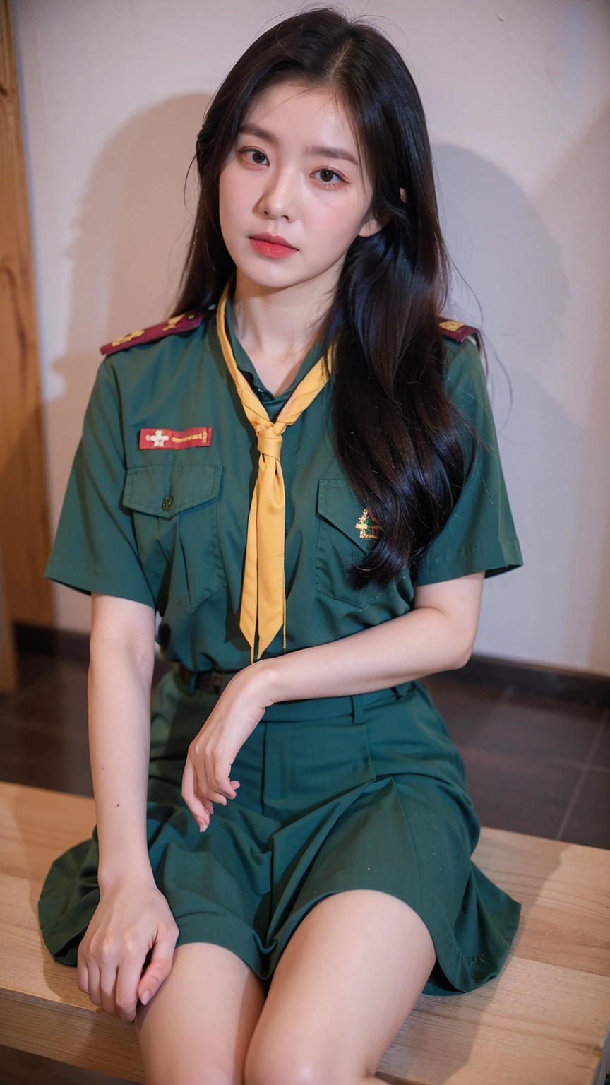 ((1girl)), in thai_girlscout_uniform, instant camera flash, pose at random location, makeup with glossy lip, small breasts, (thai_girlscout_uniform), various angle, ((face focus)), 17 years old, Beautiful Japanese Girl, spread leg pose, (nsfw:1.4), realistic light, realistic skin tone