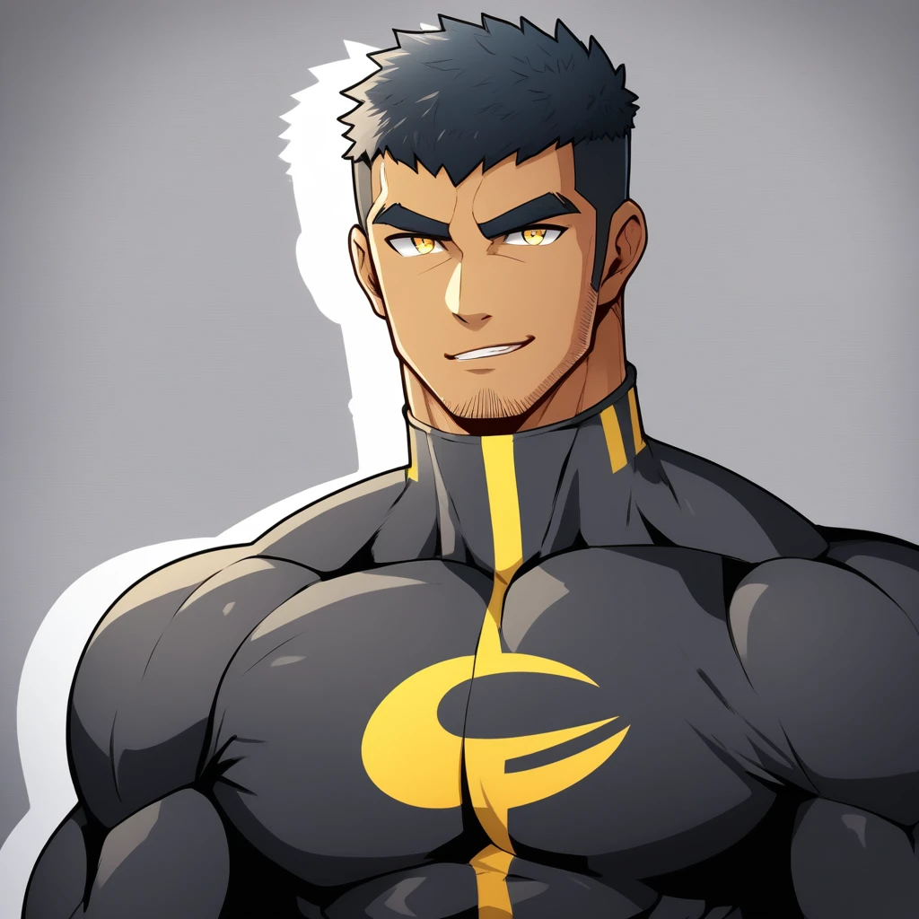 anime characters:Gyee, Muscle Sports Student, negro black skin, 1 dark skin muscular tough guy, Manliness, male focus, Yellow and black striped high collar long sleeve tight T-shirt, Slightly transparent material, Very tight, Round, full and perky chest muscles, Slightly transparent, muscular male, muscular, only, Upper body, alone, Black short hair, Thick eyebrows, stubble, Yellow eyes, Grey background, simple background, amazing quality, best aesthetics, Ridiculous, bright pupils, crew cut, parted lips, seductive smile, torogao, naughty face, drop shadow, best quality