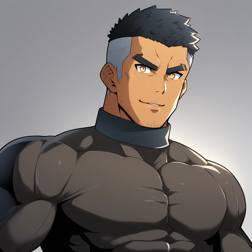 anime characters:Gyee, Muscle Sports Student, negro black skin, 1 dark skin muscular tough guy, Manliness, male focus, Yellow and black striped high collar long sleeve tight T-shirt, Slightly transparent material, Very tight, Round, full and perky chest muscles, Slightly transparent, muscular male, muscular, only, Upper body, alone, Black short hair, Thick eyebrows, stubble, Yellow eyes, Grey background, simple background, amazing quality, best aesthetics, Ridiculous, bright pupils, crew cut, parted lips, seductive smile, torogao, naughty face, drop shadow, best quality
