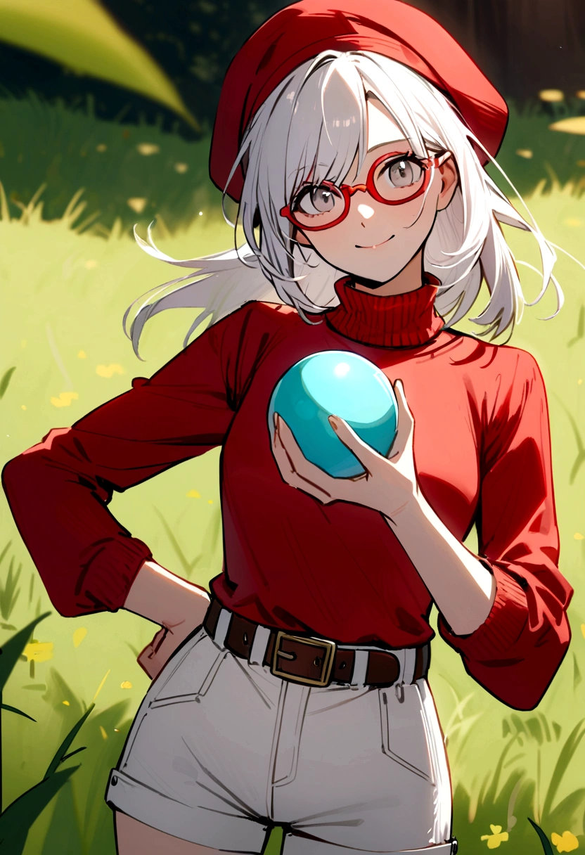 Hi-Res, 1womanl, solo,Holding a Poké Ball in Your Hands, grey  eyes, white  hair, Red glasses,Red Cap Hat, Red knitted turtleneck with long sleeves, White shorts, a belt,  Grassy, deph of field, The best smile, Stick out the arm holding the poké ball, put hands on the hip