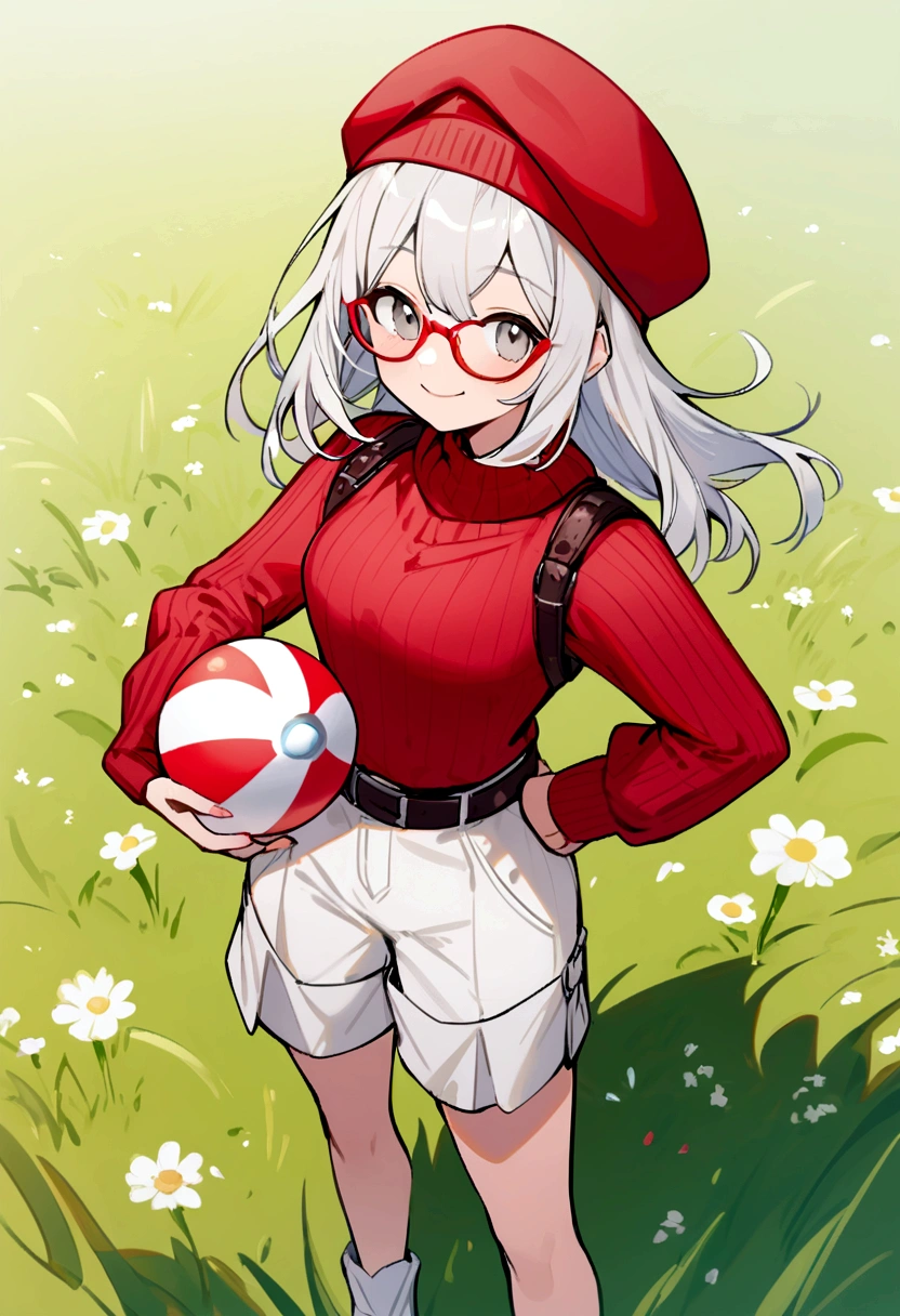 Hi-Res, 1womanl, solo,Holding a Poké Ball in Your Hands, grey eyes, white hair, Red glasses,Red Cap Hat, Red knitted turtleneck with long sleeves, White shorts, a belt, Grassy, deph of field, The best smile, Stick out the arm holding the poké ball, put hands on the hip