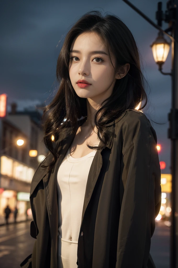 (((best quality))),(((ultra detailed))),(((masterpiece))),illustration, ((a beautiful girl,solo)),slim,thin,flat chest,small breasts,shoulder length straighthair, (black trench coat:1.3),standing,upper body,from front,London street, nighttime, bright eyes, subtle smile, quiet street, old buildings, yellow streetlight glow, calm and peacefulness, alone but not , contrast to busy city, silent and beautiful presence in the darkness
