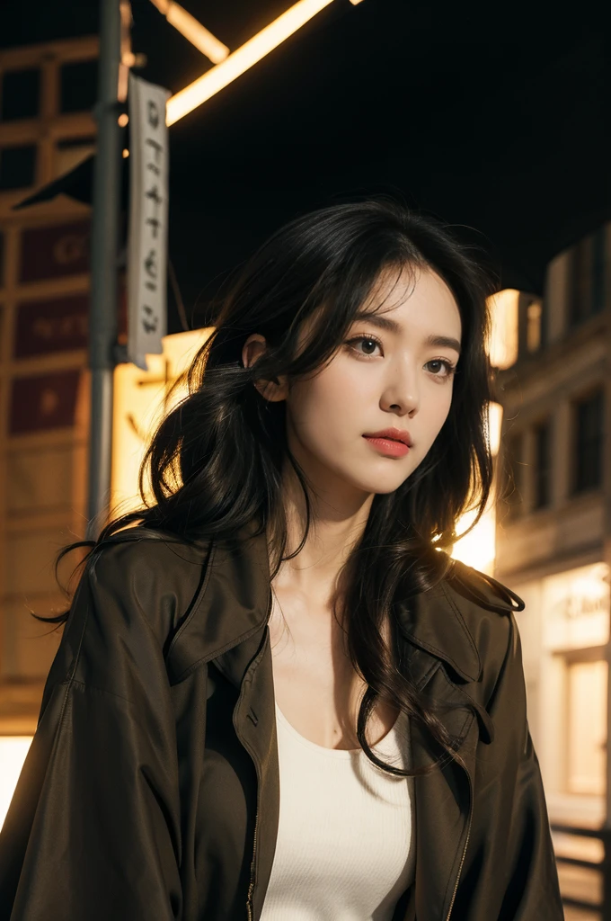 (((best quality))),(((ultra detailed))),(((masterpiece))),illustration, ((a beautiful girl,solo)),slim,thin,flat chest,small breasts,shoulder length straighthair, (black trench coat:1.3),standing,upper body,from front,London street, nighttime, bright eyes, subtle smile, quiet street, old buildings, yellow streetlight glow, calm and peacefulness, alone but not , contrast to busy city, silent and beautiful presence in the darkness