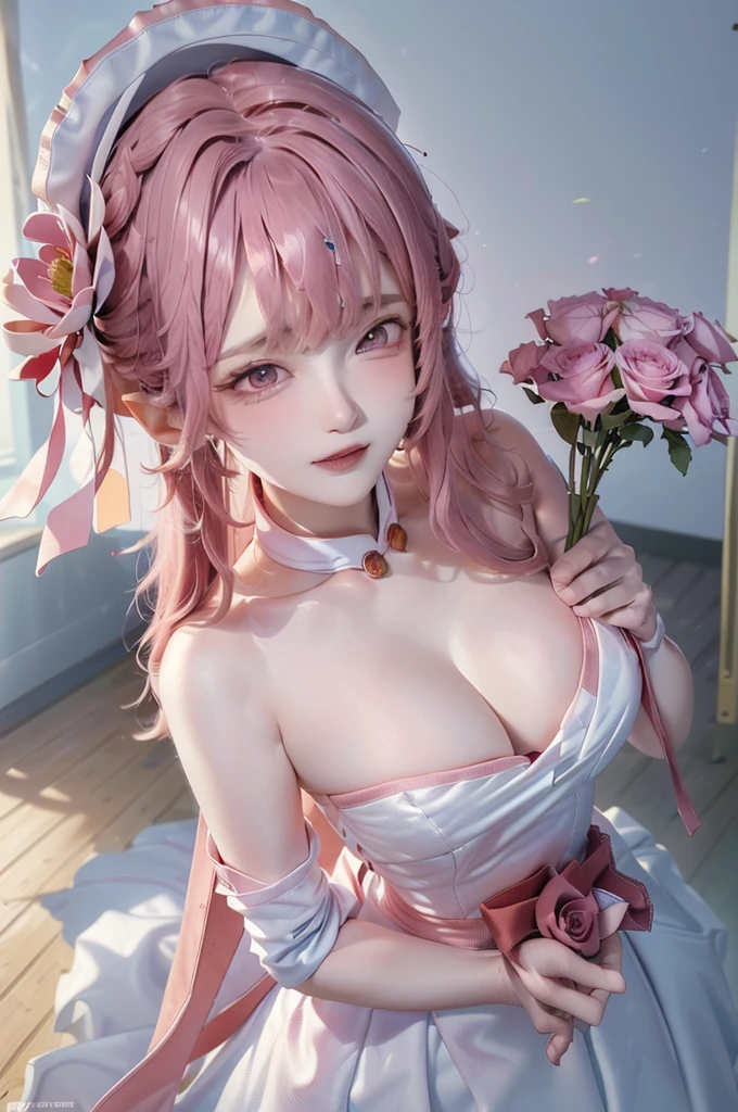 (8k, RAW photo, best quality, masterpiece:1.2),((masterpiece, best quality)), 1girl, flower, solo, dress, holding, sky, cloud, hat, outdoors, bangs, bouquet, rose, expressionless, blush, pink hair, flower field, red flower, pink eyes, white dress, looking at viewer, midium hair, holding flower, small breasts, red rose, holding bouquet, sun hat, white headwear, depth of field