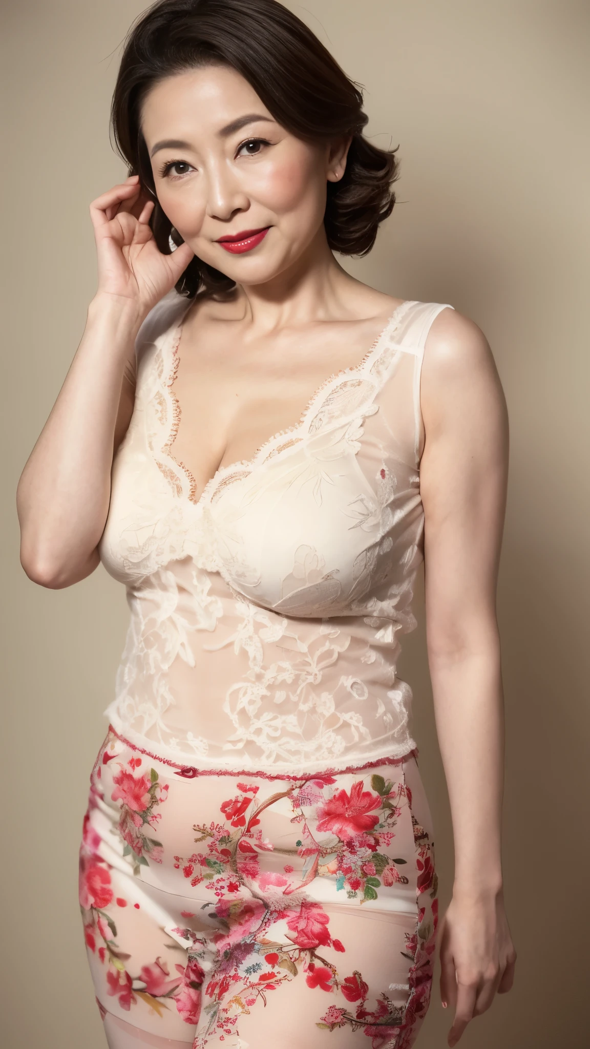 Chinoiserie, gravure, senior citizen, In underwear, Draw lips correctly, Red lipstick, From the chest up, 16K, Highest quality, Super detailed, Realistic, Highly detailed skin, Perfect Anatomy, (1 Japanese Mature), (alone), 100 years old, Large Breasts, Mature female politician, Glamour, Sexy, Chromo White Skin, View your viewers,