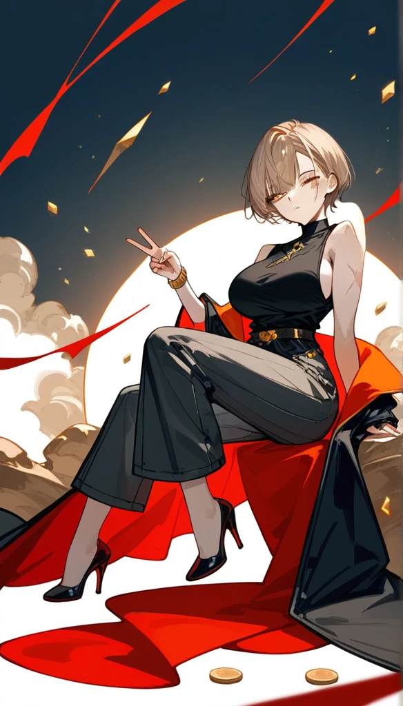 masterpiece, Score_9, Score_8_up, Score_7_up,1 woman, alone, black and light brown hair, very short hair, split bangs, gold and orange eyes, half-closed eyes, parted lips, expressionless, pale skin, large breasts, many scars, one scar on one eye, best quality, long open bangs, black sleeveless shirt, black V-neck, baggy pants, high heels