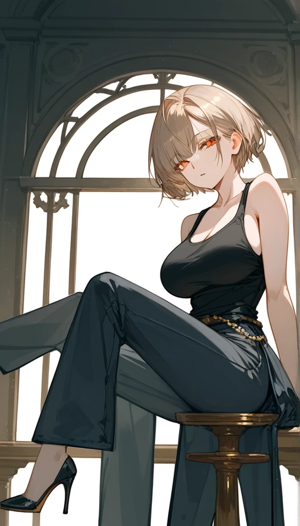 masterpiece, Score_9, Score_8_up, Score_7_up,1 woman, alone, black and light brown hair, very short hair, split bangs, gold and orange eyes, half-closed eyes, parted lips, expressionless, pale skin, large breasts, many scars, one scar on one eye, best quality, long open bangs, black sleeveless shirt, black V-neck, baggy pants, high heels