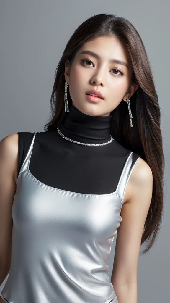 (((Silver jewelry))),(detailed face),(crotch),normal breasts,pretty,sleeveless and turtle neck white silky clothes,4k ,super high resolution ,(photo-realistic: 1.7),gray background,black long hair,