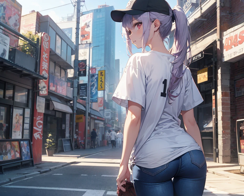 (Close-up:1.3),Realistic,Highest quality, Super detailed, High-quality CG rendering, The most delicate and beautiful, Floating softly, High resolution, (1 girl), (Highest quality,4K,8K,masterpiece:1.2), Light purple hair,(Very long ponytail:1.5),Red eyes,(Pure white oversized short sleeve T-shirt:1.3),(Black skinny jeans:1.3),(Pure white baseball cap:1.3),In the city,old buildings,(Turn your back to your audience:1.3),Butt