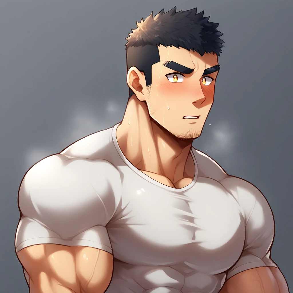 anime characters:Gyee, Muscle Sports Student, 1 muscular tough guy, Manliness, male focus, Light yellow high collar long sleeve tight T-shirt, Very tight, The clothes were soaked with sweat, The pectoral muscles are oversized, Slightly transparent, muscular male, muscular, only, Upper body, alone, Black short hair, Thick eyebrows, stubble, Yellow eyes, Grey background, simple background, amazing quality, best aesthetics, Ridiculous, bright pupils, crew cut, parted lips, shy, blush, moaning, saliva trail, drop shadow, best quality