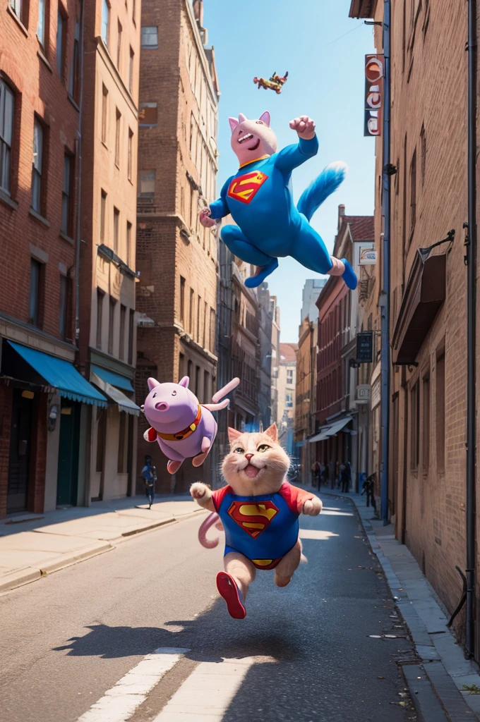 Cat running into buildings and Superman trying to catch him and Ominiman appears and hits Superman and Peppa Pig appears on Aladdin&#39;s carpet and flies across Germany 
