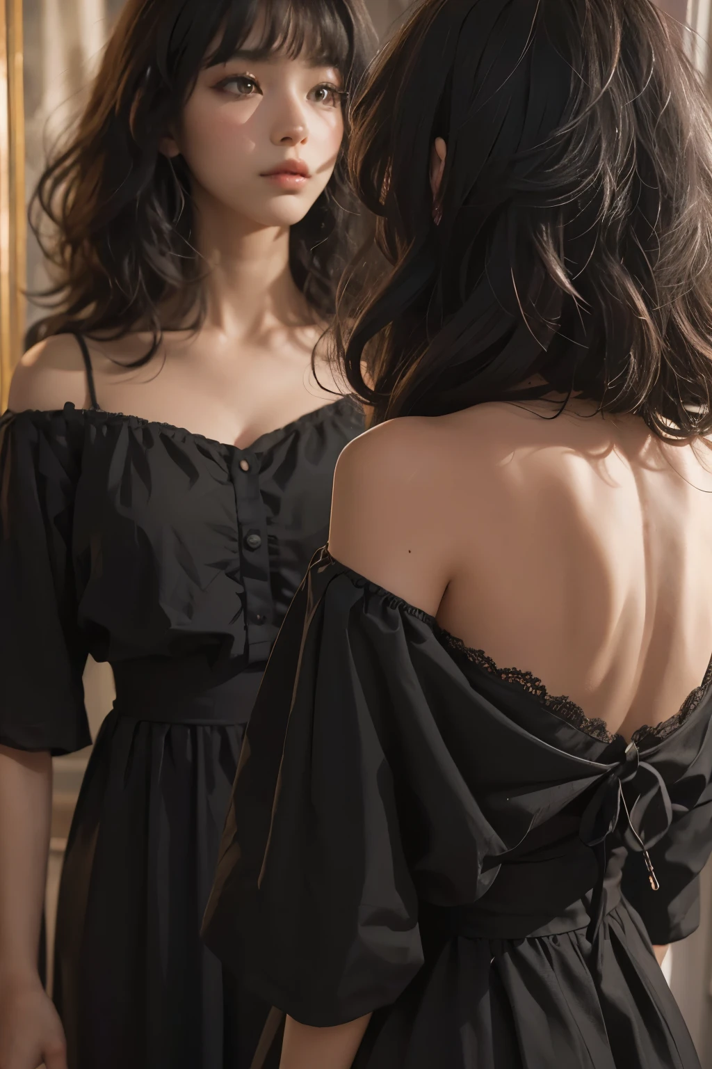 2 raped women with permed hair, twin, what makeup, without makeup, Centrally separated curtain bangs, Profile picture, Use Instagram Filters, Subtle soft and dim light, Pose looking back at the mirror, couple, perfect face, julia sardinian, perfect hands, Random behavior, (full_body),