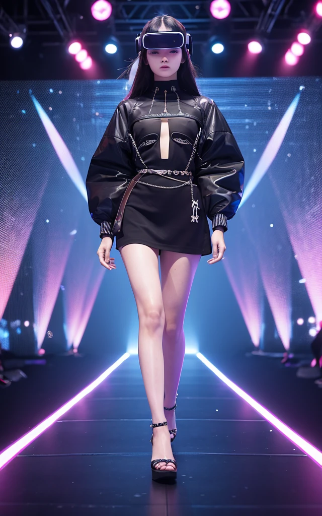 Virtual Fashion Show Costumes inspired by a fashion show in a virtual reality space。Clothing for digital avatars、Virtual runway performance。Emphasis on dynamic design and effects。The background is the gorgeous runway of Paris Fashion Week。 
