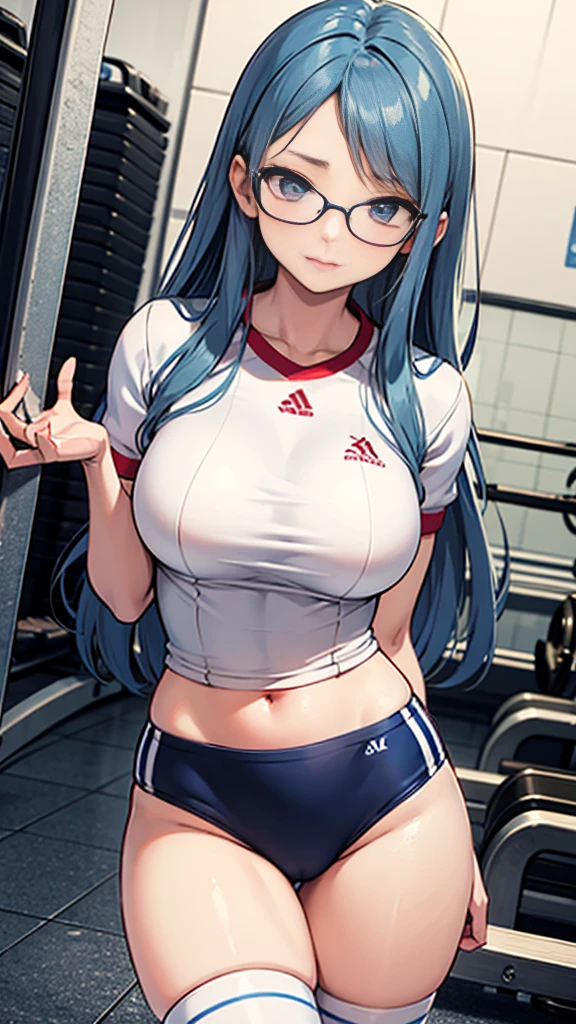 Create an anime-style illustration of a 17-year-old girl named Shizuka. She has long, straight, blue hair with bangs cut straight across her forehead. She has large, almond-shaped silver-blue eyes and porcelain-like white skin. Shizuka often wears glasses.Super big breasts、Gym suit、Bloomers、gym
