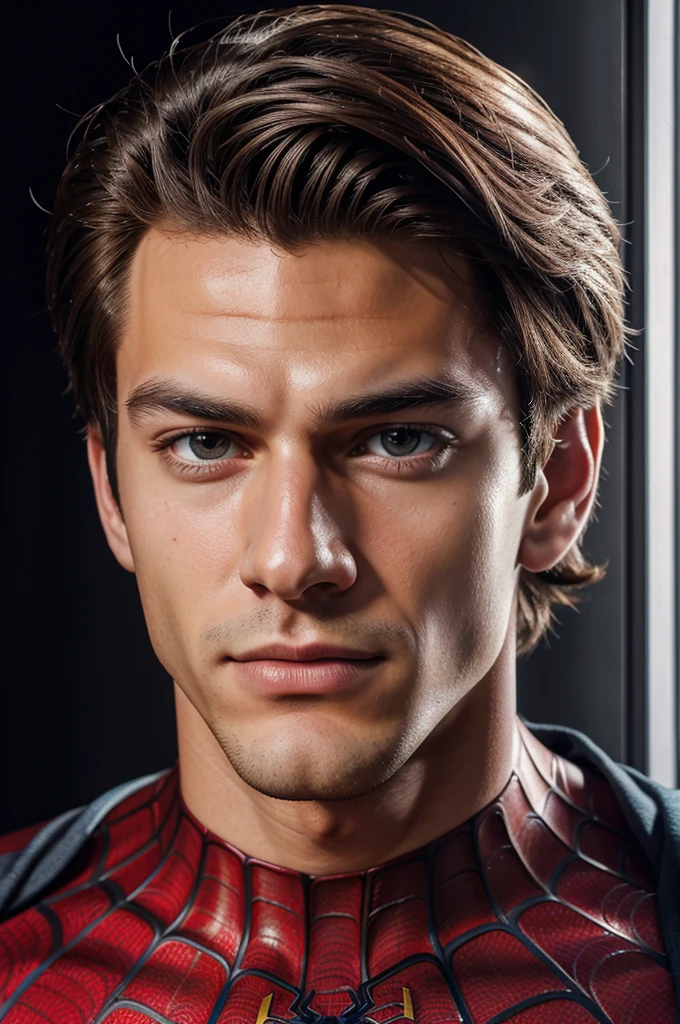 A photograph of spider man, no mask, 20 yo, handsome, detailed face, looking at camera, portrait, 8k uhd, high quality