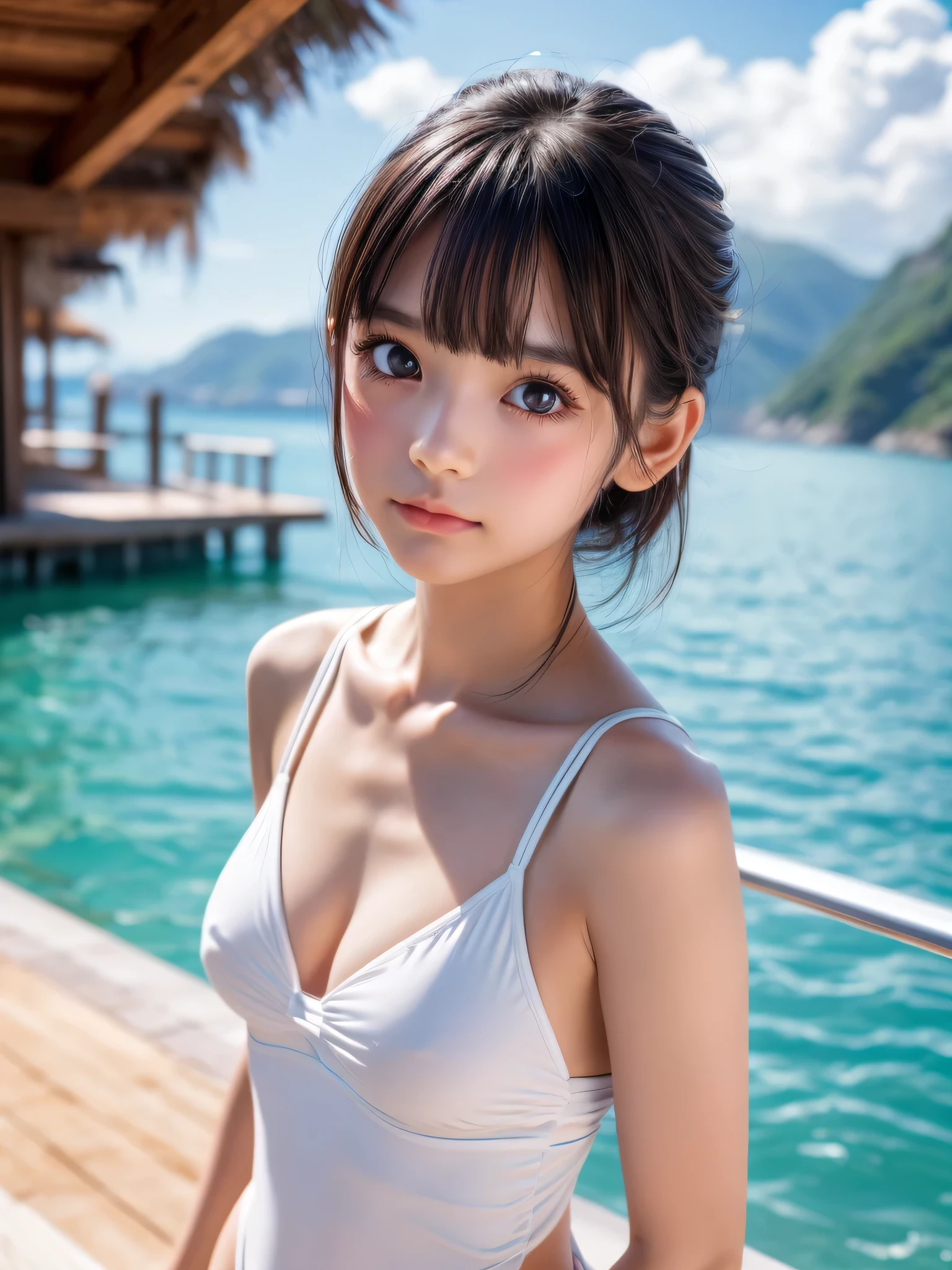 One Girl，(1人のとてもcute女の子:1.3)，masterpiece，Highest quality，High resolution，Photorealistic，RAW Photos，Ray Tracing，beautiful girl，(:1.3)，cute，Big eyes，(detailed pupils:1.2)，(The face is facing straight ahead:1.3)，Body facing forward，Beautiful nose，Fuller lips，Short black hair，ponytail，short hair，Detailed eyelashes，Thin eyebrows，Very fine grain definition，(Symmetrical eyes:1.3)，(Face close-up，Face Focus:1.0)，Small breasts，Short neck，White swimsuit，White Bikini，The background is the sea，Southern Island，Blue sky，White cloud，Portrait，View Viewer，Upper Body，Cinema Lighting，High resolution，Very detailed