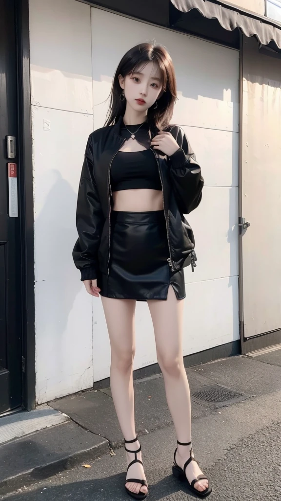 Japanese woman has six pack abs wearing a black jacket, crop top, short skirt, wearing sandals, black polish, hair, photo in the city