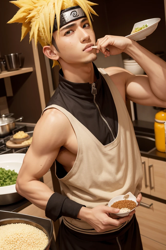 Naruto with the couscous dish in his hand 