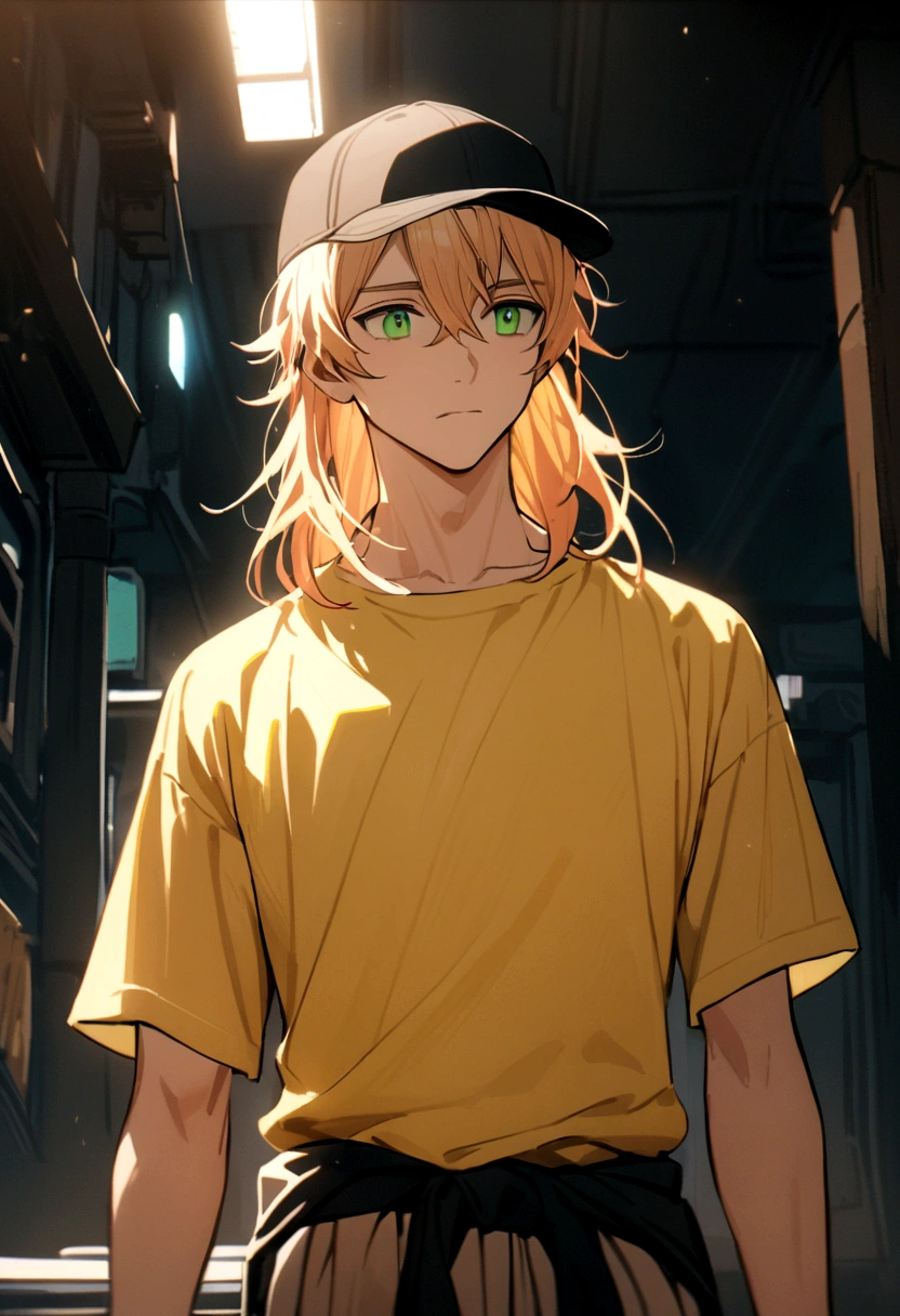 The boy had apricot hair, neck-length hair, green eyes, wearing a black baseball cap, yellow t-shirt, black long-sleeved shirt inside, and a white tie around his waist.