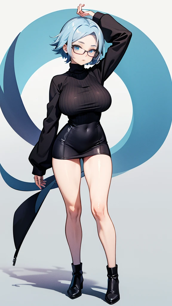 Create an anime-style illustration of a 17-year-old girl named Shizuka. She has long, straight, blue hair with bangs cut straight across her forehead. She has large, almond-shaped silver-blue eyes and porcelain-like white skin. Shizuka often wears glasses.Super big breasts、Knee-high socks、hort sleeve turtleneck