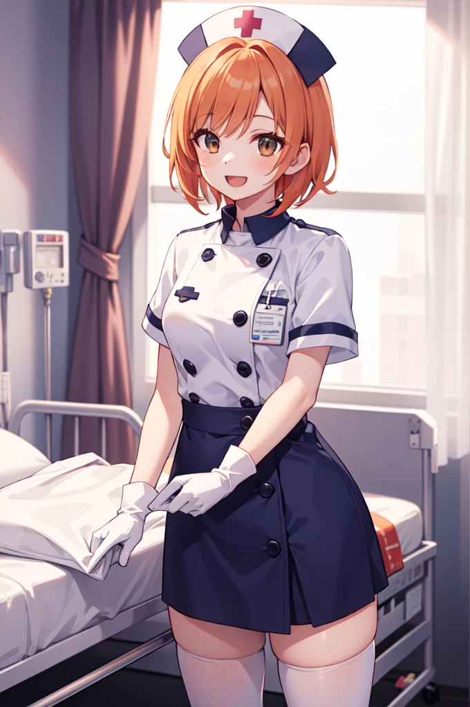 1girl, solo, nurse, nurse cap, white nurse uniform, ((white legwear, zettai ryouiki)), white gloves, very short hair, orange hair, smile, open mouth, standing, ((hospital room)), sharp outline, short sleeves, tomboy, boyish, best quality, masterpiece
