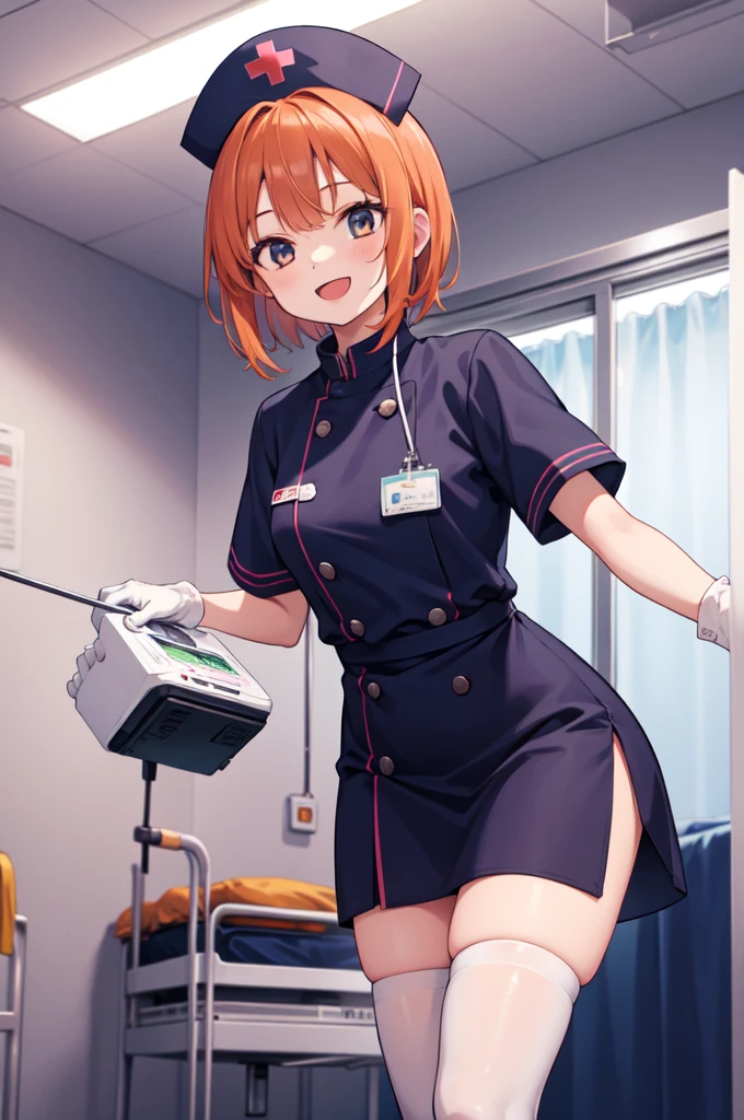 1girl, solo, nurse, nurse cap, white nurse uniform, ((white legwear, zettai ryouiki)), white gloves, very short hair, orange hair, smile, open mouth, standing, ((hospital room)), sharp outline, short sleeves, tomboy, boyish, best quality, masterpiece