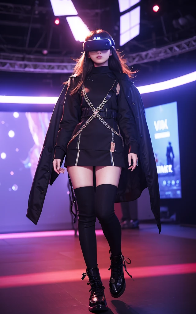 Virtual Fashion Show Costumes inspired by a fashion show in a virtual reality space。Clothing for digital avatars、Virtual runway performance。Emphasis on dynamic design and effects。The background is the gorgeous runway of Paris Fashion Week。